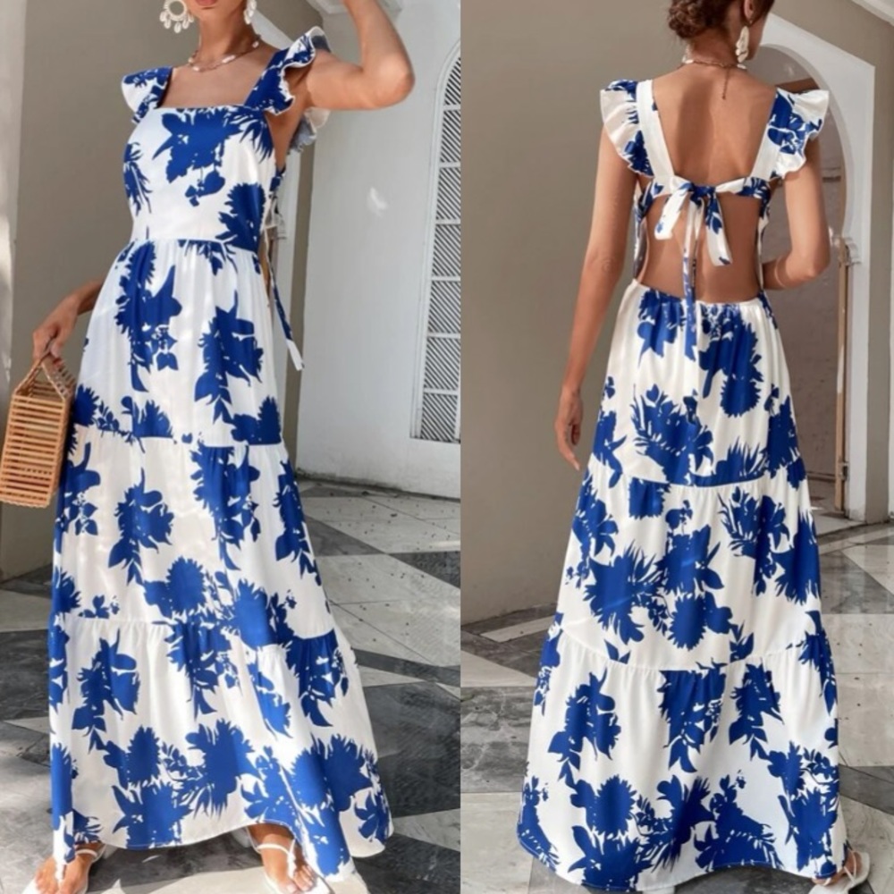 Boho blue white butterfly sleeve ruffle hem floral print tie back dress